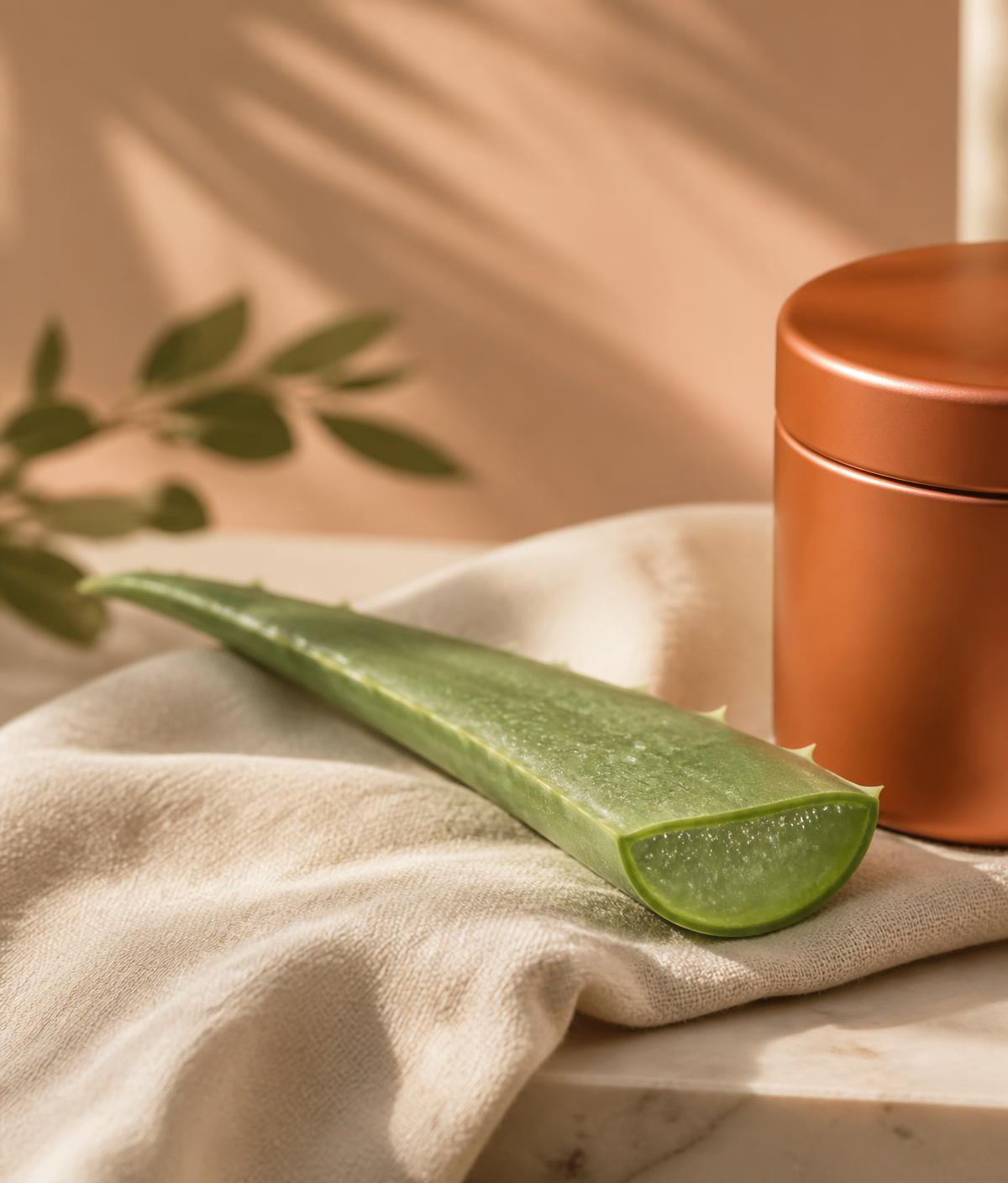 An open aloe vera leaf on cream linen beside a matte orange ANZO tin in warm natural light
